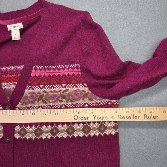 LL Bean Sweater Womens M Red Pink Fair Isle Floral Cardigan Button Front Preppy - Picture 5 of 9
